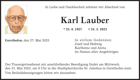 Traueranzeige von Karl Lauber von Augsburger Allgemeine