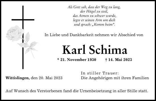 Traueranzeige von Karl Schima von Donau Zeitung
