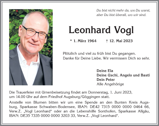 Traueranzeige von Leonhard Vogl von Augsburger Allgemeine
