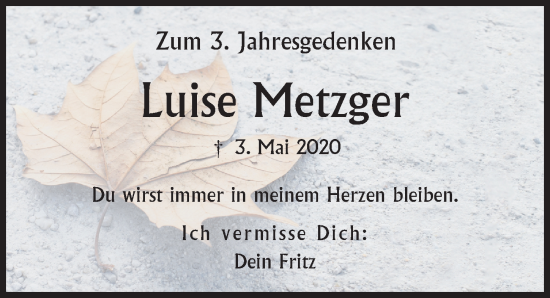 Traueranzeige von Luise Metzger von Augsburger Allgemeine