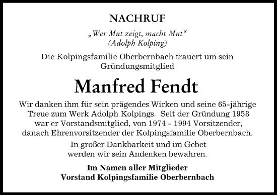 Traueranzeige von Manfred Fendt von Aichacher Nachrichten