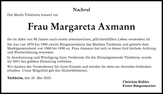 Traueranzeige von Margareta Axmann von Mindelheimer Zeitung