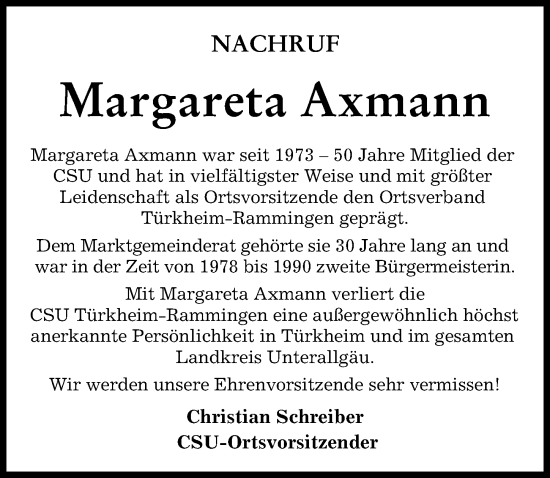 Traueranzeige von Margareta Axmann von Mindelheimer Zeitung
