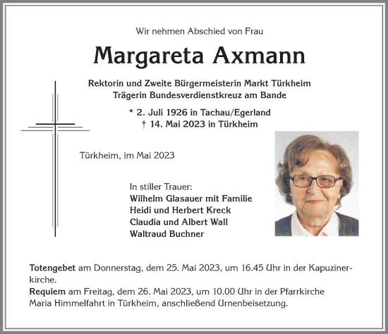 Traueranzeige von Margareta Axmann von Mindelheimer Zeitung