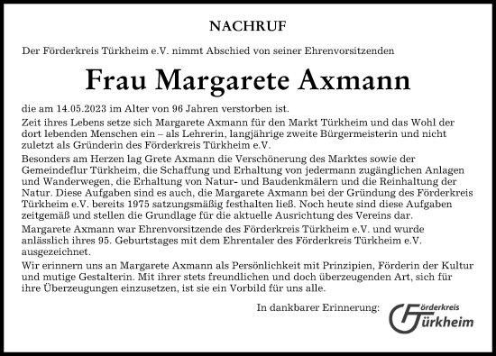 Traueranzeige von Margarete Axmann von Mindelheimer Zeitung