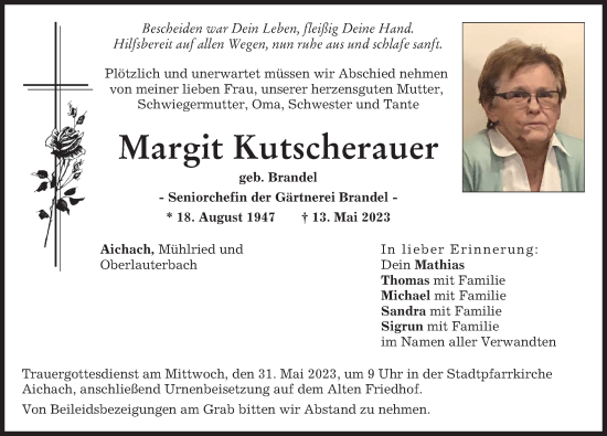 Traueranzeige von Margit Kutscherauer von Aichacher Nachrichten