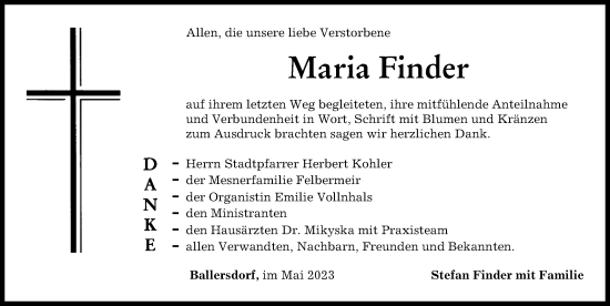 Traueranzeige von Maria Finder von Neuburger Rundschau