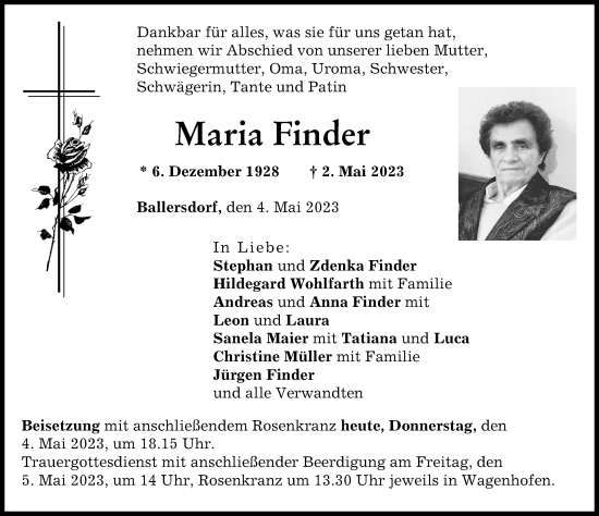 Traueranzeige von Maria Finder von Neuburger Rundschau