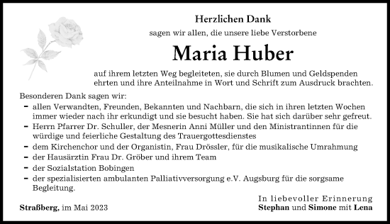 Traueranzeige von Maria Huber von Schwabmünchner Allgemeine