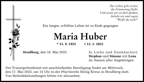 Traueranzeige von Maria Huber von Schwabmünchner Allgemeine