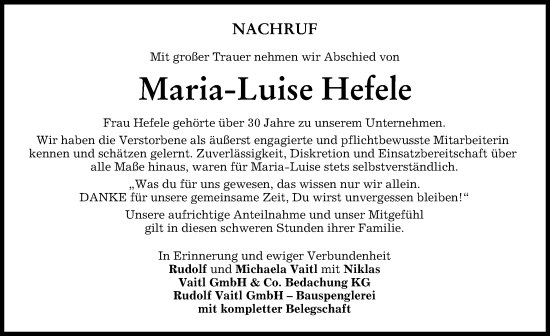 Traueranzeige von Maria-Luise Hefele von Mindelheimer Zeitung
