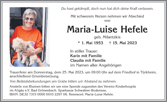 Traueranzeige von Maria-Luise Hefele von Mindelheimer Zeitung