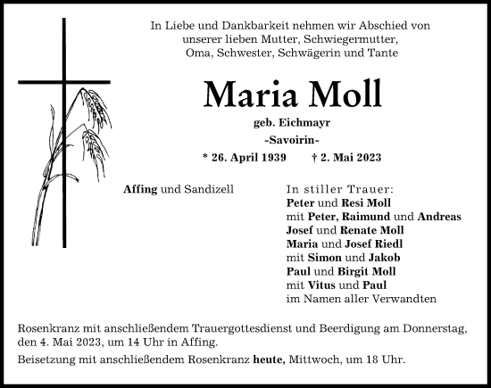Traueranzeige von Maria Moll von Aichacher Nachrichten