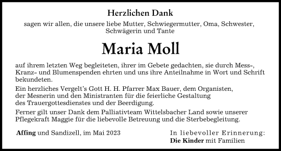 Traueranzeige von Maria Moll von Aichacher Nachrichten