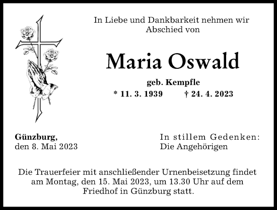 Traueranzeige von Maria Oswald von Günzburger Zeitung