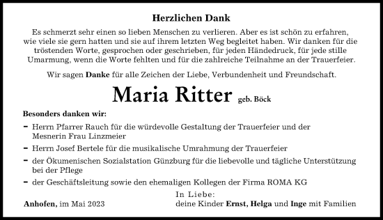 Traueranzeige von Maria Ritter von Günzburger Zeitung