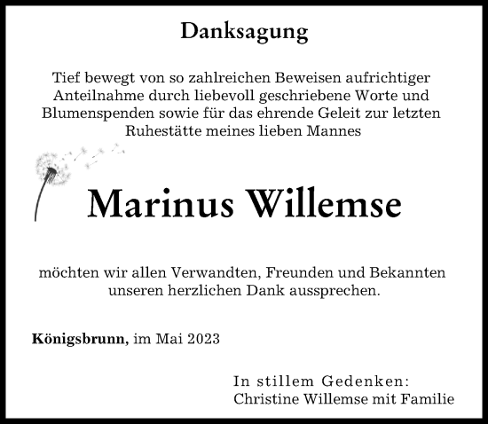 Traueranzeige von Marinus Willemse von Augsburger Allgemeine