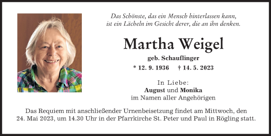 Traueranzeige von Martha Weigel von Donauwörther Zeitung