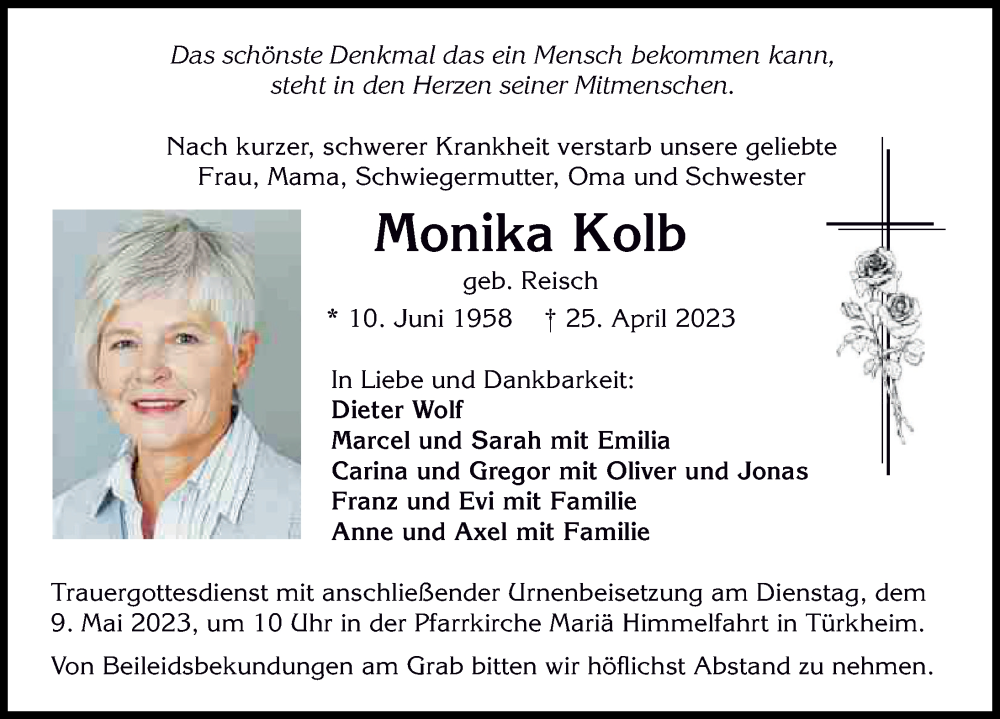  Traueranzeige für Monika Kolb vom 06.05.2023 aus Illertisser Zeitung