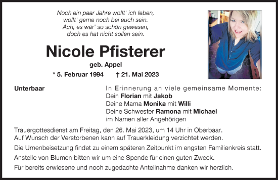 Traueranzeige von Nicole Pfisterer von Aichacher Nachrichten