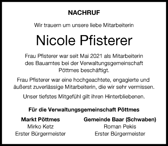 Traueranzeige von Nicole Pfisterer von Aichacher Nachrichten