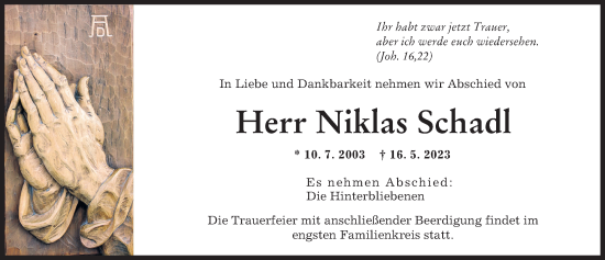 Traueranzeige von Niklas Schadl von Donau Zeitung
