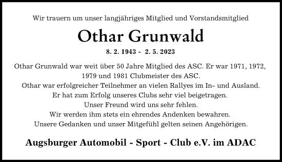 Traueranzeige von Othar Grunwald von Augsburger Allgemeine