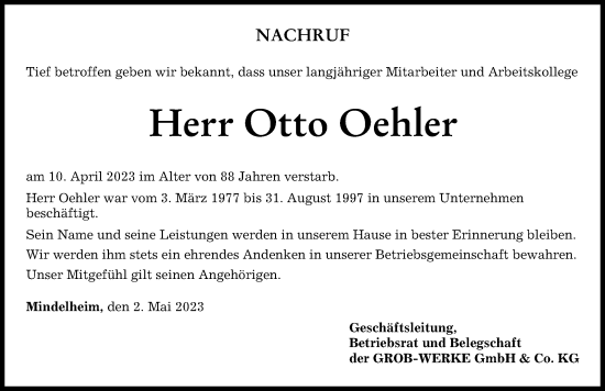 Traueranzeige von Otto Oehler von Mindelheimer Zeitung