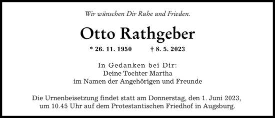 Traueranzeige von Otto Rathgeber von Augsburger Allgemeine