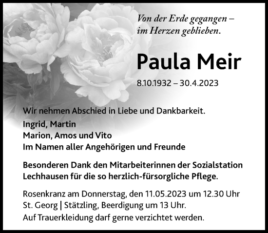 Traueranzeige von Paula Meir von Augsburger Allgemeine