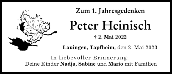 Traueranzeige von Peter Heinisch von Donau Zeitung