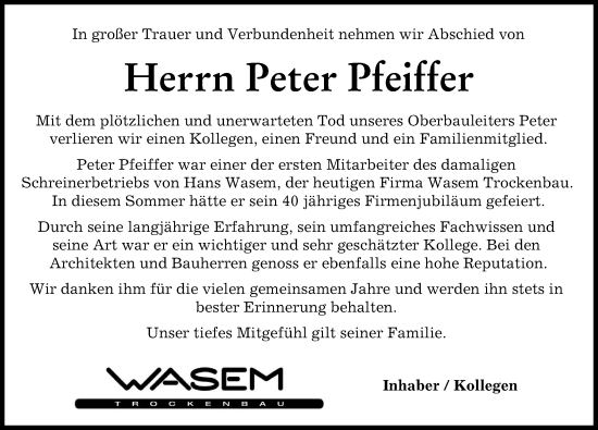 Traueranzeige von Peter Pfeiffer von Neuburger Rundschau