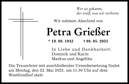 Traueranzeige von Petra Grießer von Augsburger Allgemeine