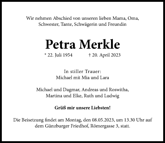 Traueranzeige von Petra Merkle von Günzburger Zeitung