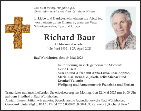 Traueranzeige von Richard Baur von Mindelheimer Zeitung