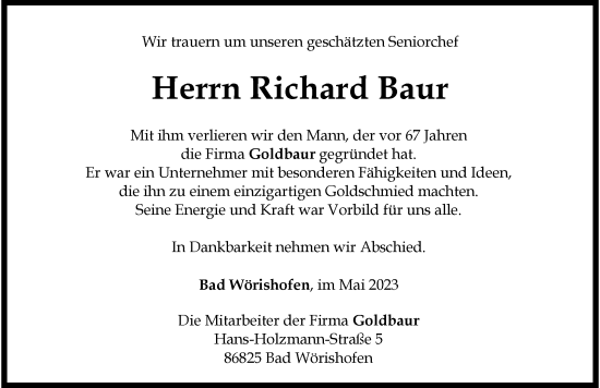 Traueranzeige von Richard Baur von Mindelheimer Zeitung