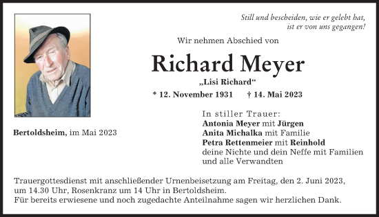 Traueranzeige von Richard Meyer von Neuburger Rundschau