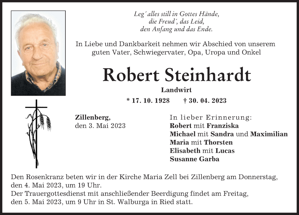  Traueranzeige für Robert Steinhardt vom 03.05.2023 aus Friedberger Allgemeine
