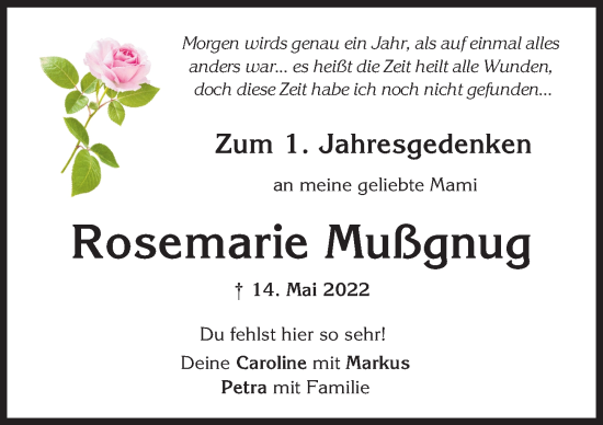 Traueranzeige von Rosemarie Mußgnug von Friedberger Allgemeine