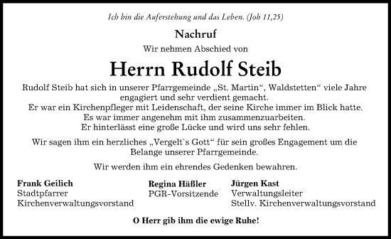 Traueranzeige von Rudolf Steib von Günzburger Zeitung