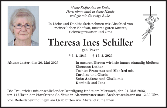 Traueranzeige von Theresa Ines Schiller von Augsburg-Land
