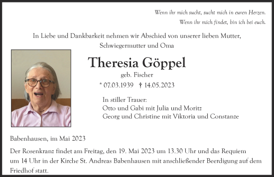 Traueranzeige von Theresia Göppel von Illertisser Zeitung