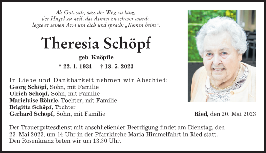 Traueranzeige von Theresia Schöpf von Augsburg-Land
