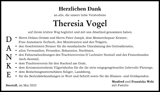 Traueranzeige von Theresia Vogel von Landsberger Tagblatt