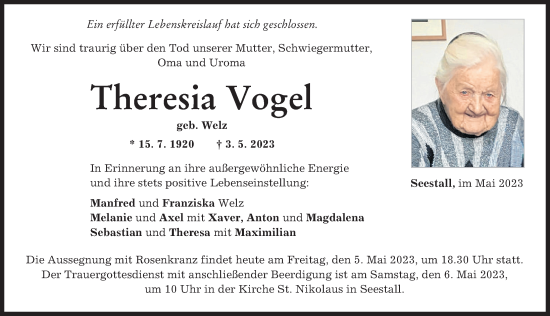 Traueranzeige von Theresia Vogel von Landsberger Tagblatt
