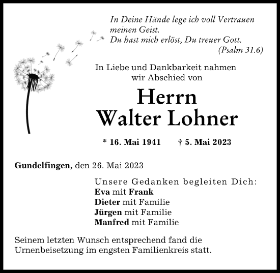 Traueranzeige von Walter Lohner von Donau Zeitung