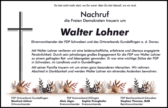 Traueranzeige von Walter Lohner von Donau Zeitung