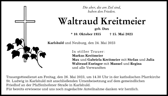Traueranzeige von Waltraud Kreitmeier von Neuburger Rundschau