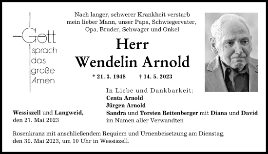 Traueranzeige von Wendelin Arnold von Friedberger Allgemeine