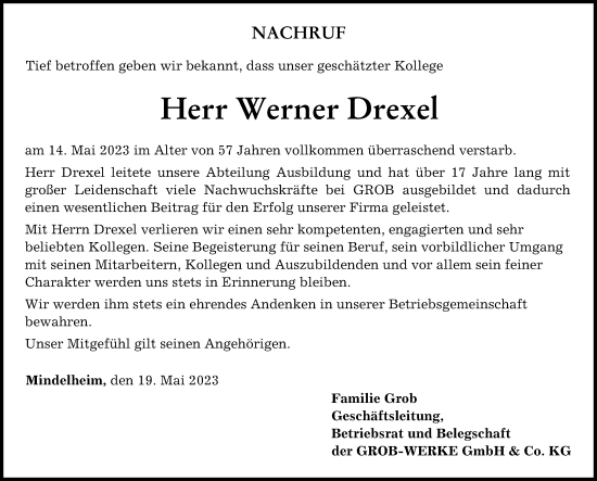 Traueranzeige von Werner Drexel von Mindelheimer Zeitung
